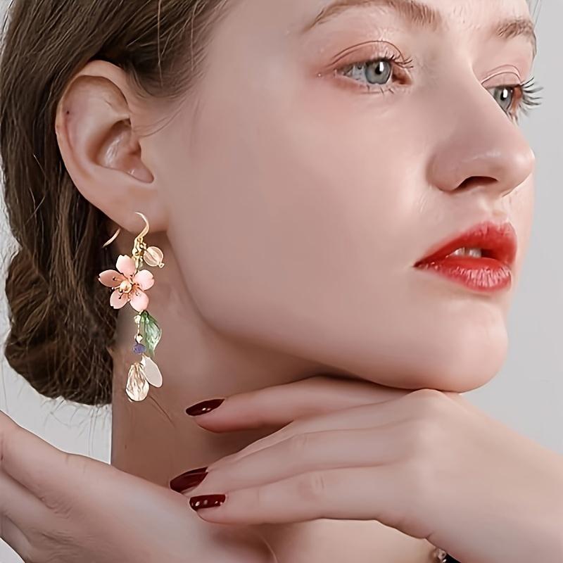 Floral Pink Cherry Blossom Dangle Earrings With Imitation Pearl Accents, Summer Classic Festive Ear Jewelry For Seaside Holidays