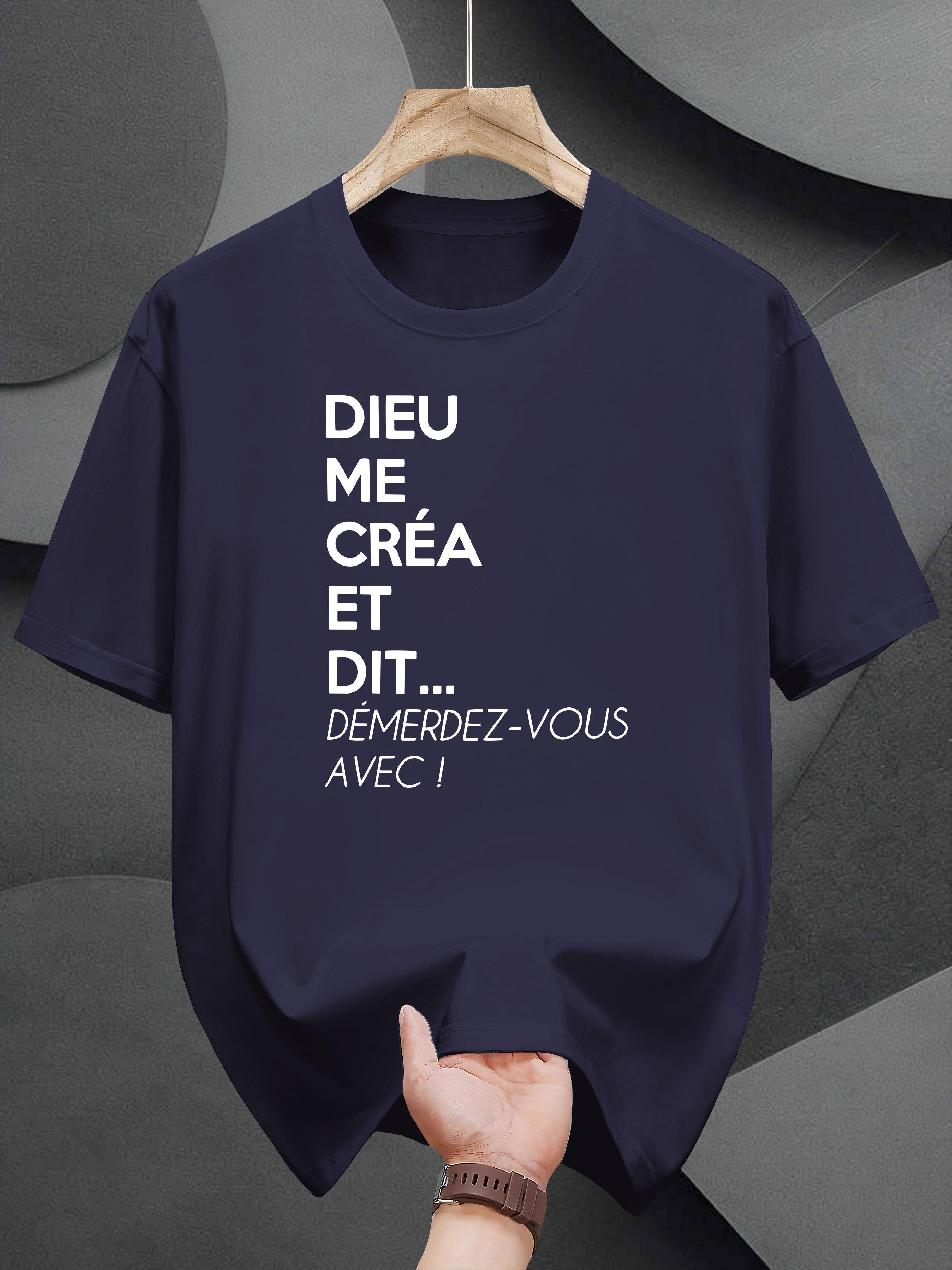 Casual Cotton T-shirt with Bold DIEU ME CRA Print - Short Sleeve S