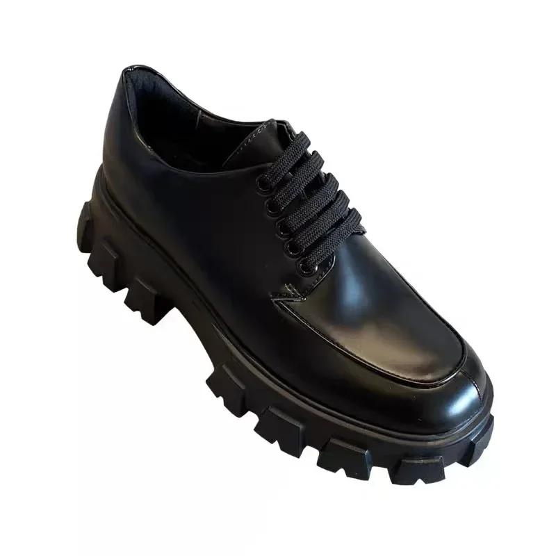 British Style Small Leather Shoes  Spring and Autumn Loafer Shoes Heightened Thick Bottom Platform Lace-up Shoes