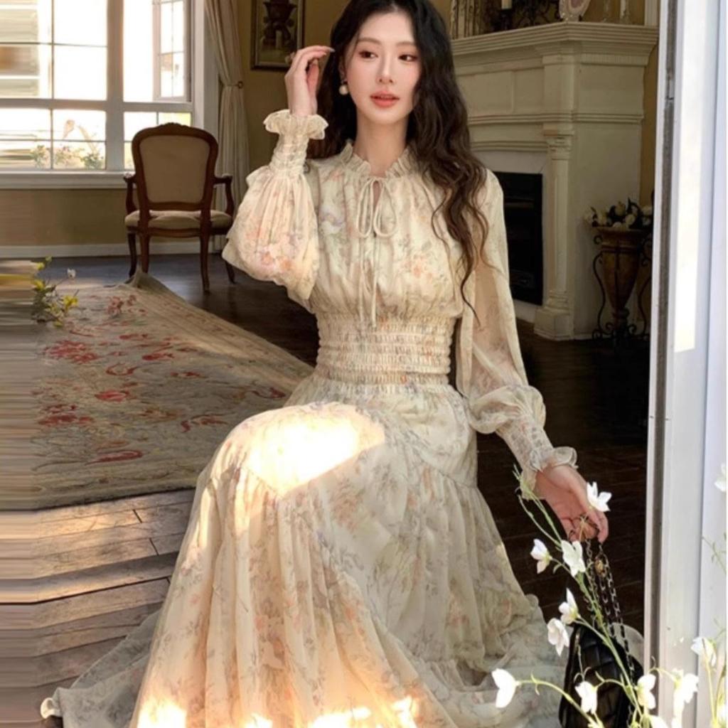 French-Style Floral Chiffon Dress For Women, Long Style, New Early Autumn Collection, Super Stylish, Waist-Cinching Long Dress