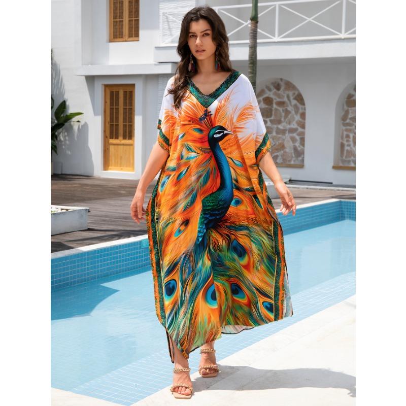 Damenmode Sommer Frühling Federdruck 1/2 Ärmel V-Ausschnitt Lockere Taille Freizeitkleider