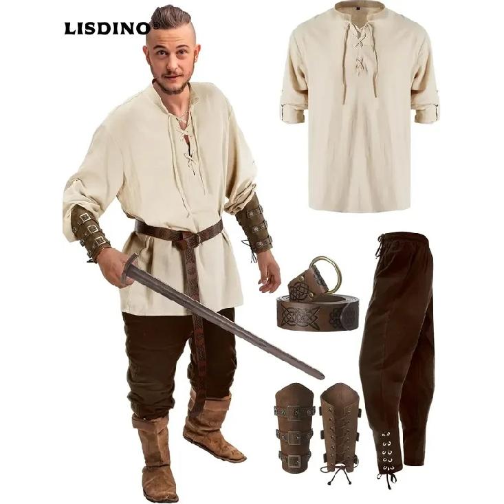 4 Pcs Halloween Men's Renaissance Costume Set Medieval Pirate Shirt Ankle Banded Pants Viking Belt Accessories