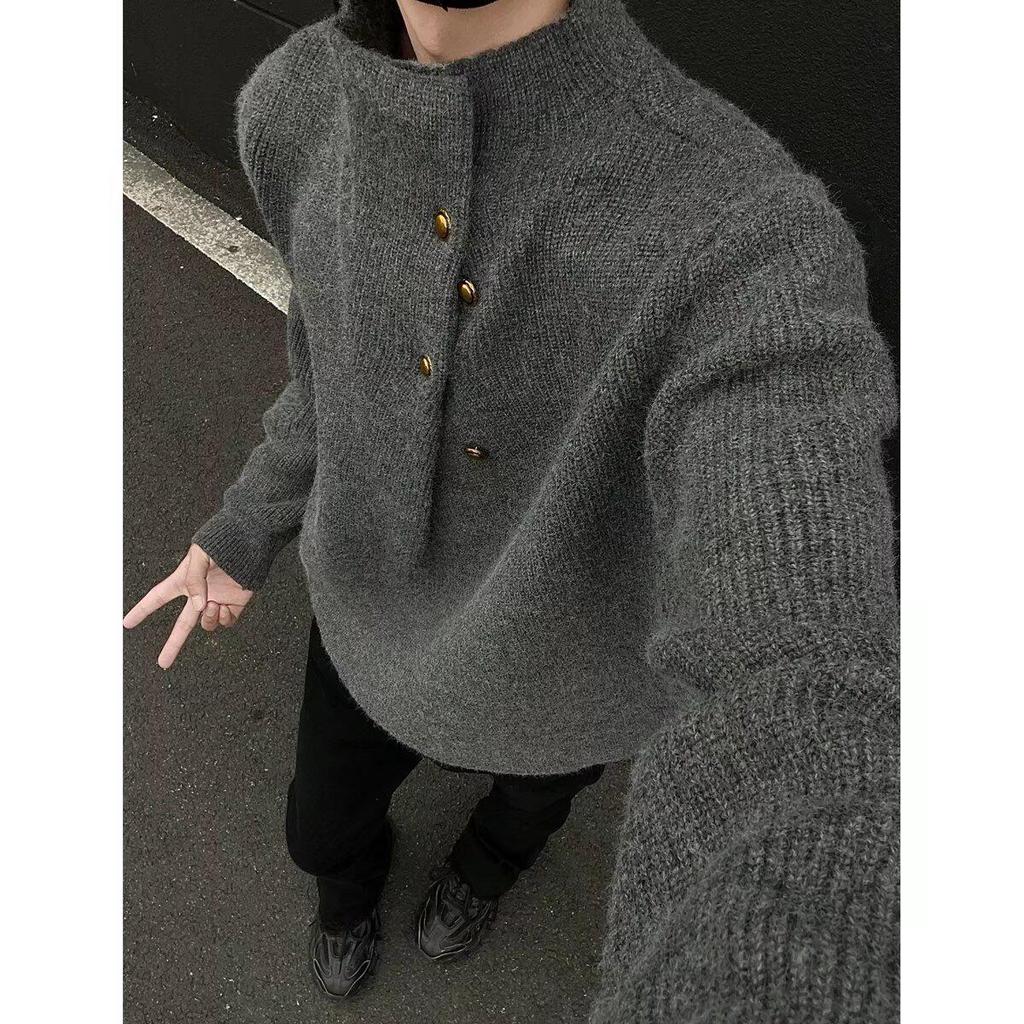 Men's Korean Style High Neck Sweater with Irregular Button Design – Trendy Oversized Knitwear