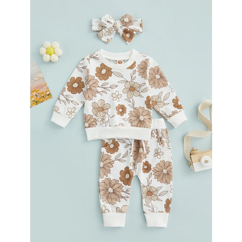 

2pcs Of Baby Girl Floral Print Contrasting Thread Lock Edge Hoodies And Pants, Soft, Comfortable, Breathable 110