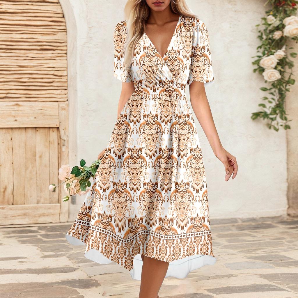 Women's Summer Loose V Neck Short Sleeve Dress, Elegant Dress