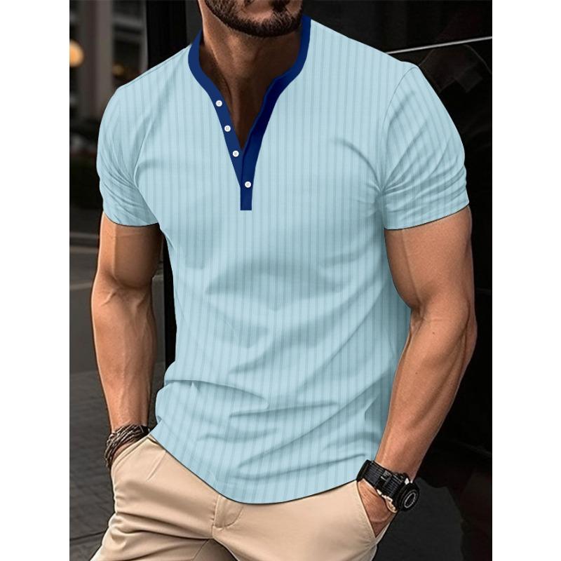 Mens Striped Contrast Collar Half Button Short Sleeve Casual T Shirt