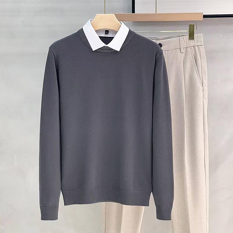 Men's Designer Sweater, Fall 2025: Korean Style Fake Two-Piece with Shirt and Stand Collar, Inner Knitwear Base Layer.