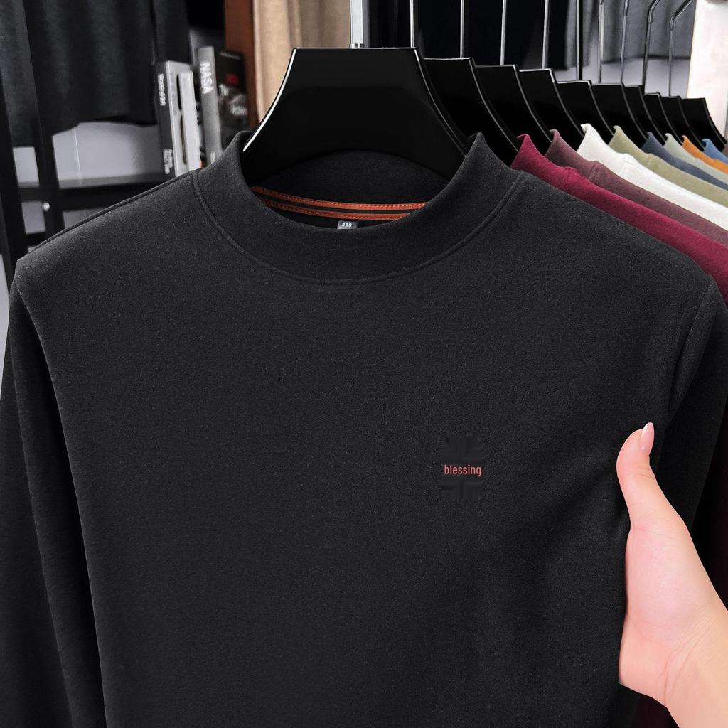 Men's Winter Fleece Hoodie Casual High-End Round Neck T-Shirt 2025 Thick Base Layer