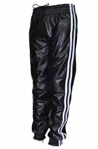 Lambskin Handmade Leather Casual Designer Black Joggers Pant Stylish Wear 100% Real