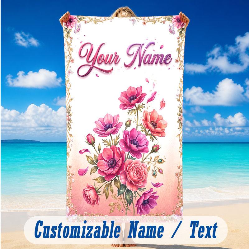 Floral Garden Theme Beach Towel Personalized Custom Name & Text Soft Quick Dry Beach Towel for Swimming Travel
