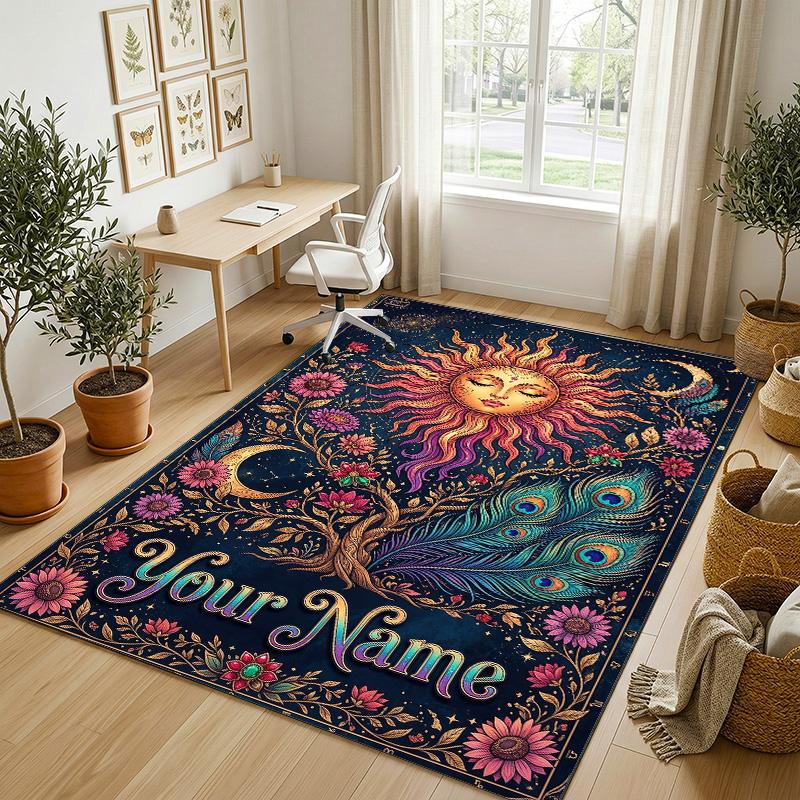 Floral Garden Theme Crystal Velvet Rug Personalized Custom Name Text Soft Floor Mat Home Decor