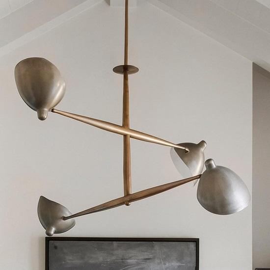 Mid Century Modern Sputnik Chandelier: Brass  Iron Diabolo Shade Ceiling Light