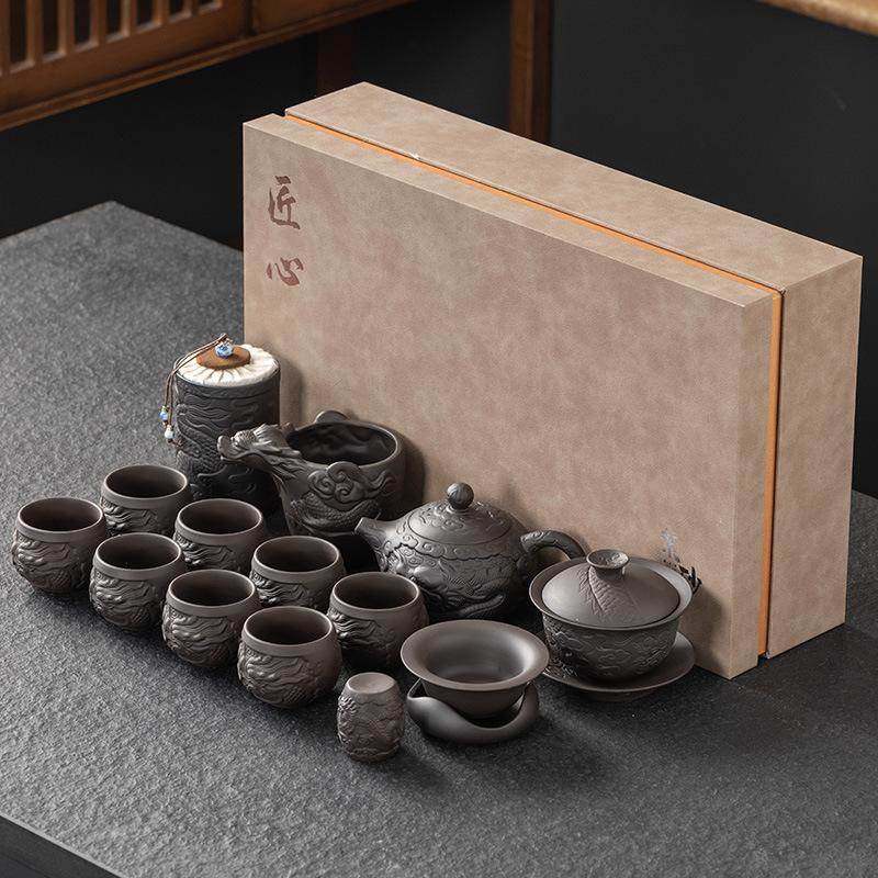 Purple sand tea set gift box set cover bowl teapot whole set home business high-end office tea meeting gift