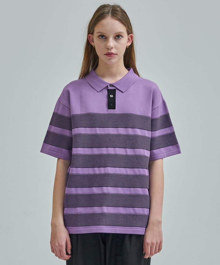 ZENSAI Striped Polo Knit Purple