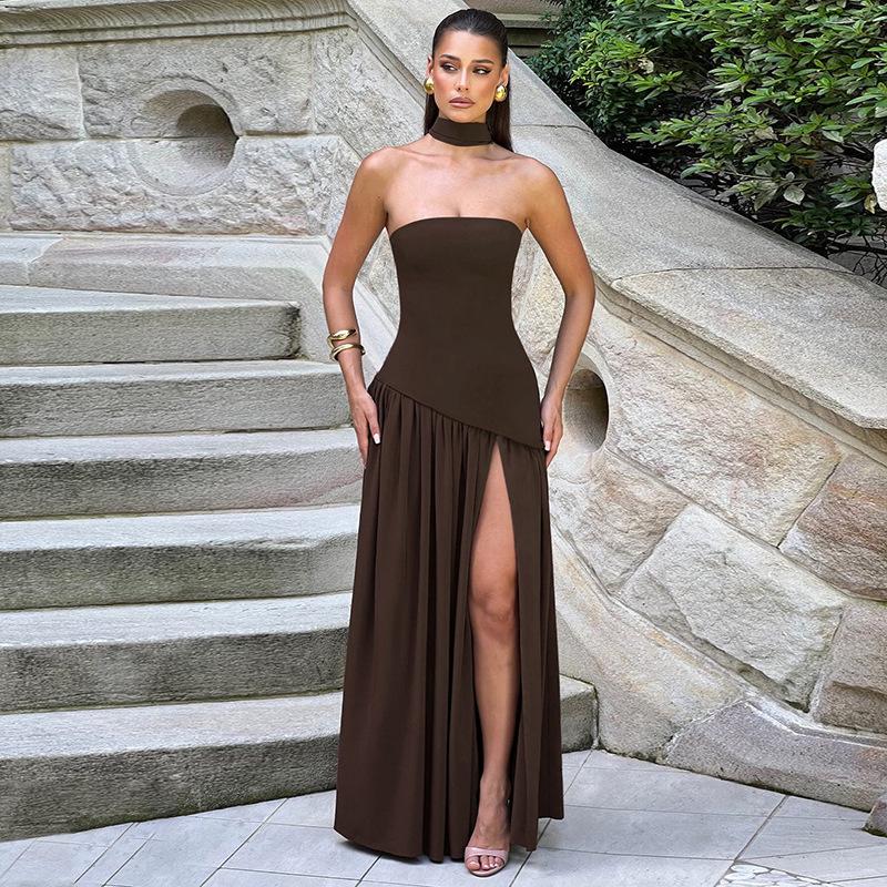 European & American Elegant Off-Shoulder Slim Fit Slit Dress with Ribbon Back