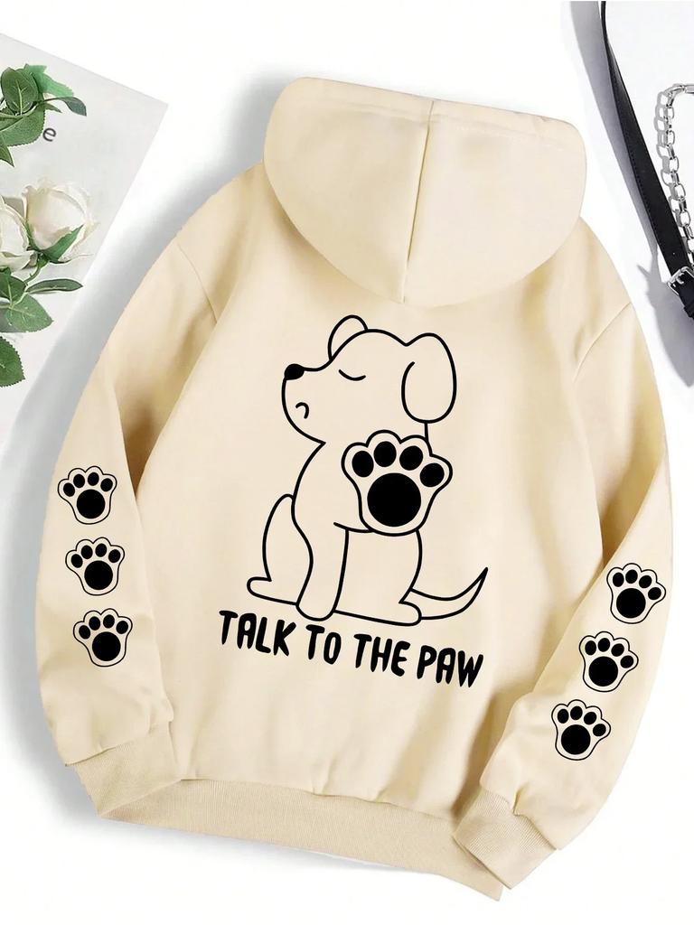 Talk To The Paw Funny Dog Cartoon Print Hoodie Women Warm Fleece Hoody Fashion Casual Hooded Autumn Loose Round Neck Woman Tops