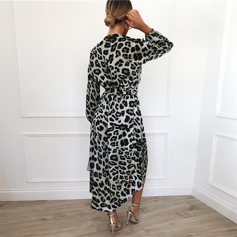 Women Fashion Plus Size V Neck Leopard Print Long Sleeve Chiffon Dress