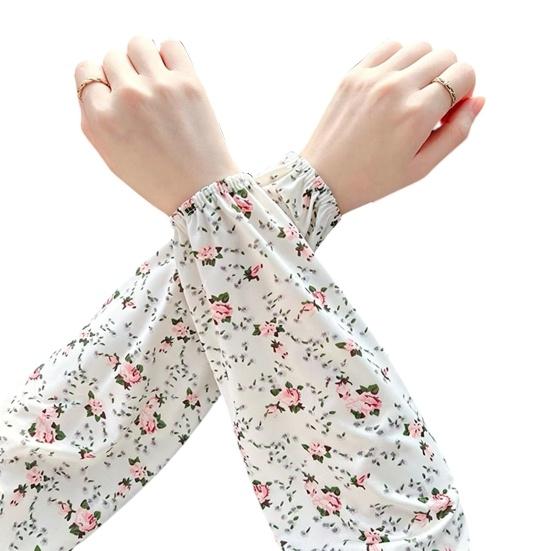 Ice Silk Arm Sleeves for Women, UV Sun Protection Cooling Sleeves with Floral Print, Loose Fit Elastic Cuffs Arm Covers for Cycling Driving Working