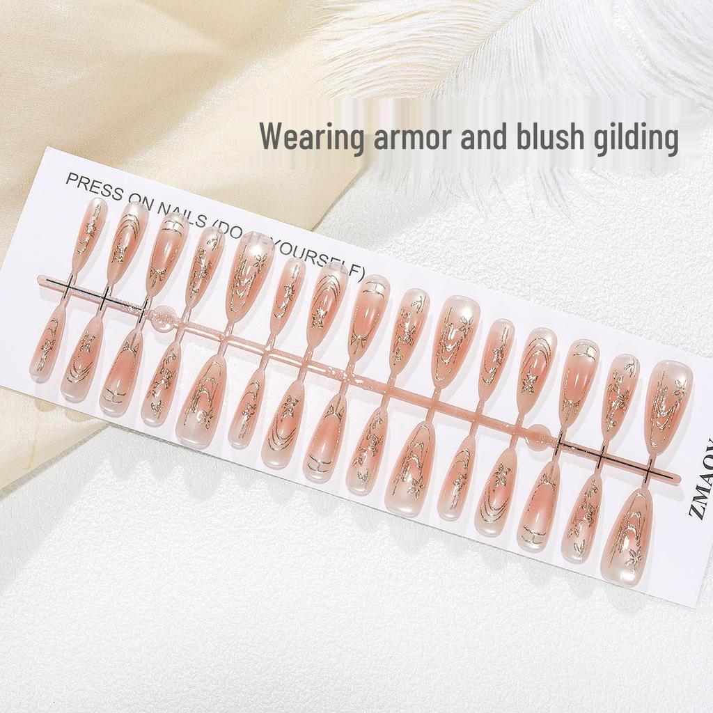 Nail Art Gilded Cat's Eye Blush Tips - 30-Piece Set, Handmade & Ready-to-Wear In XS/S/M