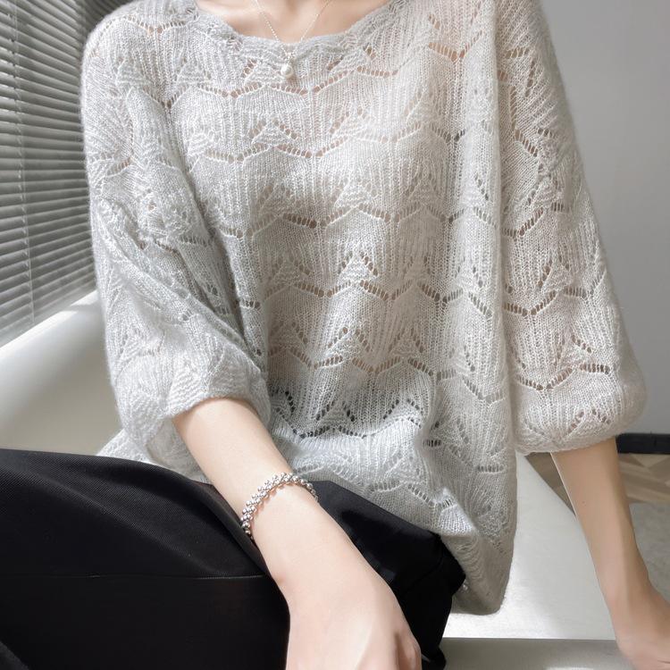 Women's Cashmere Round Neck Crochet Knit Sweater - Loose, Short-Sleeve, Hollow Design.