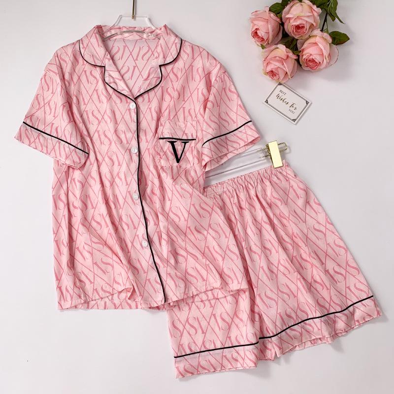 Women's Summer Short Sleeve All-Over Print Heart Ice Silk Pajama Set - Sweet & Wearable Outside