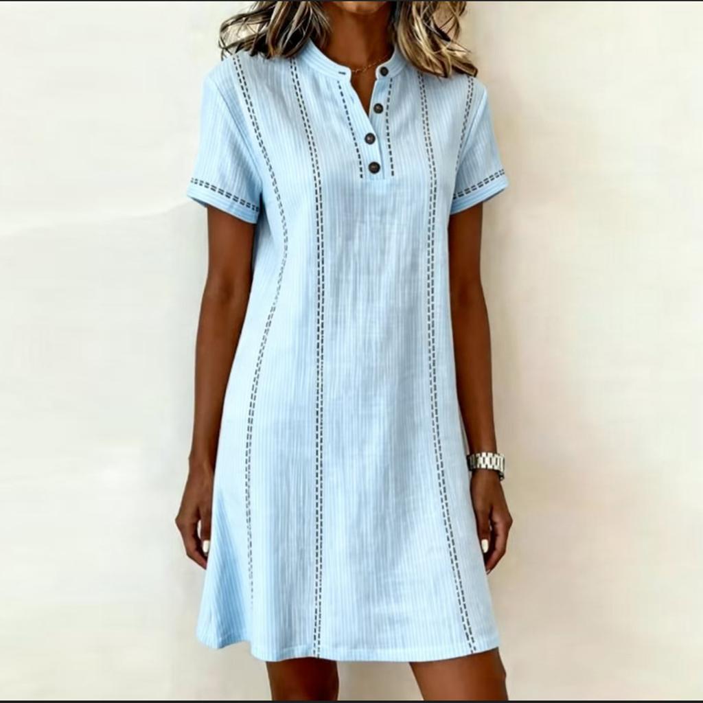 Women Casual V Neck Button Front Short Sleeve Dress Lightweight Summer Loose Fit Knee Length Dress for Daily Wear