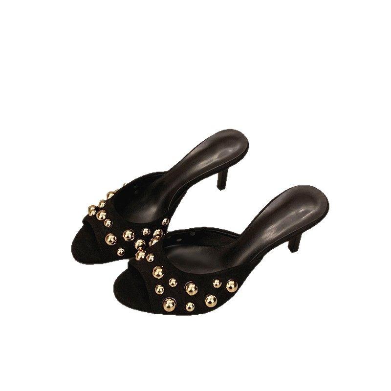 Außenhandel leichte Luxus 2025 Sommer neu Koreanische Version Nieten Ein-Wort Oberbekleidung vielseitige hochhackige Sandalen Pantoletten Damen