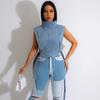 Womens Denim Vest With Stand Collar Tie Detail Casual Streetwear Short Crop Top