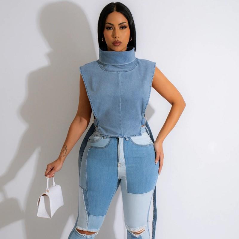 Womens Denim Vest With Stand Collar Tie Detail Casual Streetwear Short Crop Top