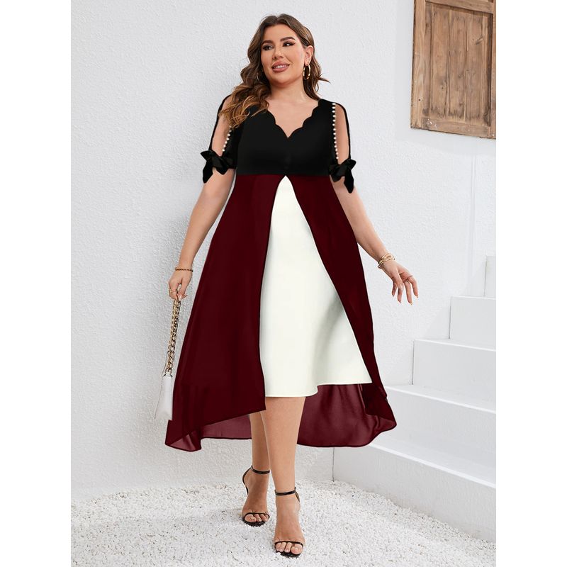 

European and American Cross-Border Export Plus size Cool GIRL S Half Sleeve V-neck Chiffon Dress Fake Two Pieces Irregular Fat M Skirts Patchwork Wine red 3XL (Waist 113)