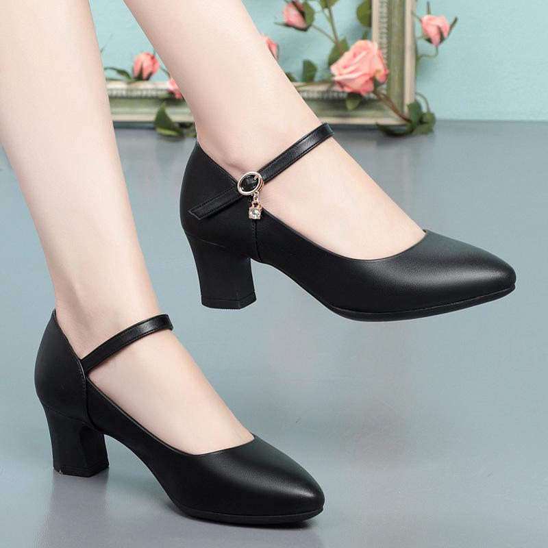 Soft Leather Mid-heel Work Casual Versatile Single Buckle Strap Middle-aged Women's Shoes Soft Sole Spring and Autumn