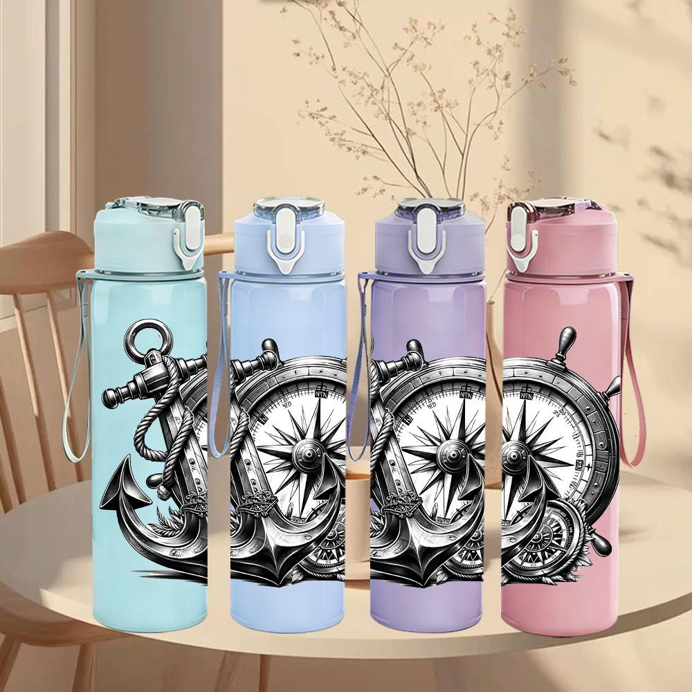 1PC Anchor Ship Gear Nautical Print 750ml Color Plastic Sports Water Bottle Leakproof Flip Straw Lid Suitable for Sports Office Home Use