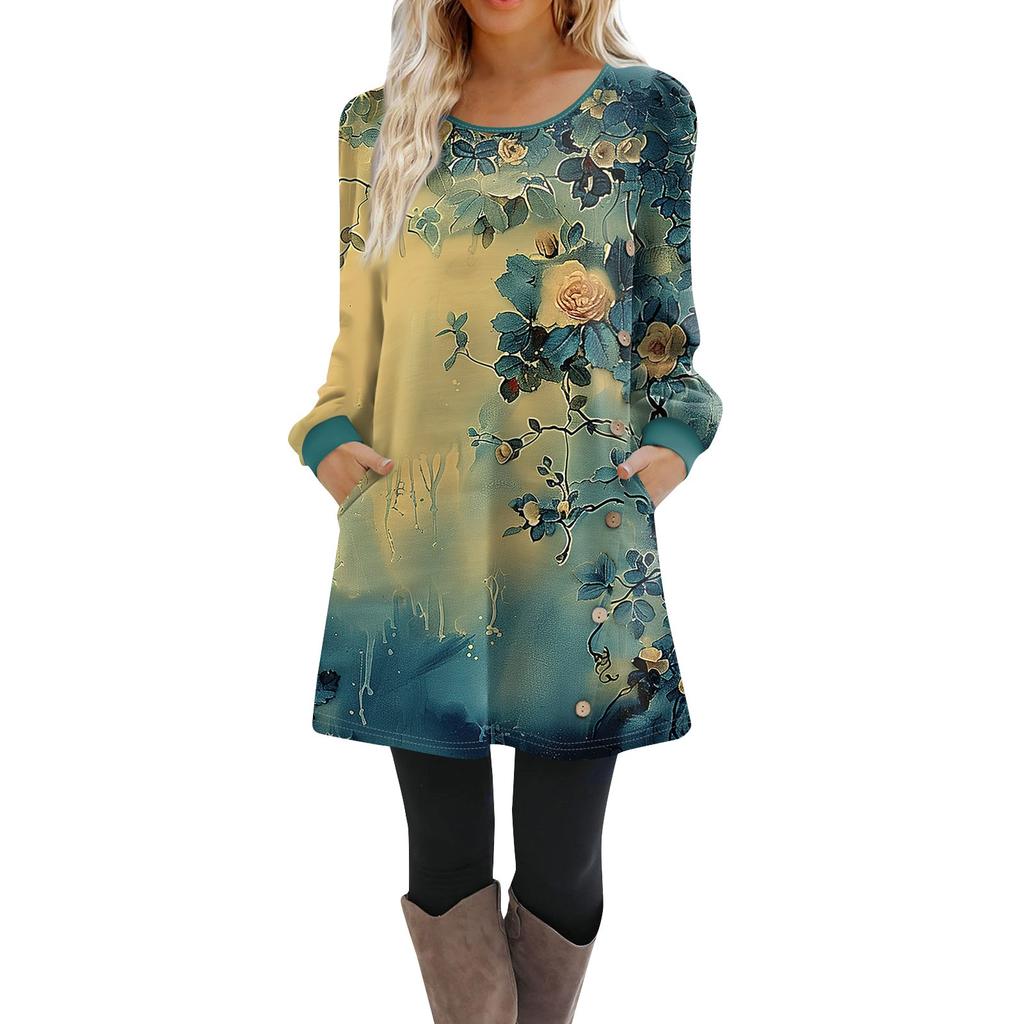 Damen Langarm A-Linien-Kleid Lässiger Pullover Mit Knopf Lockere Passform Kleid Mit Taschen