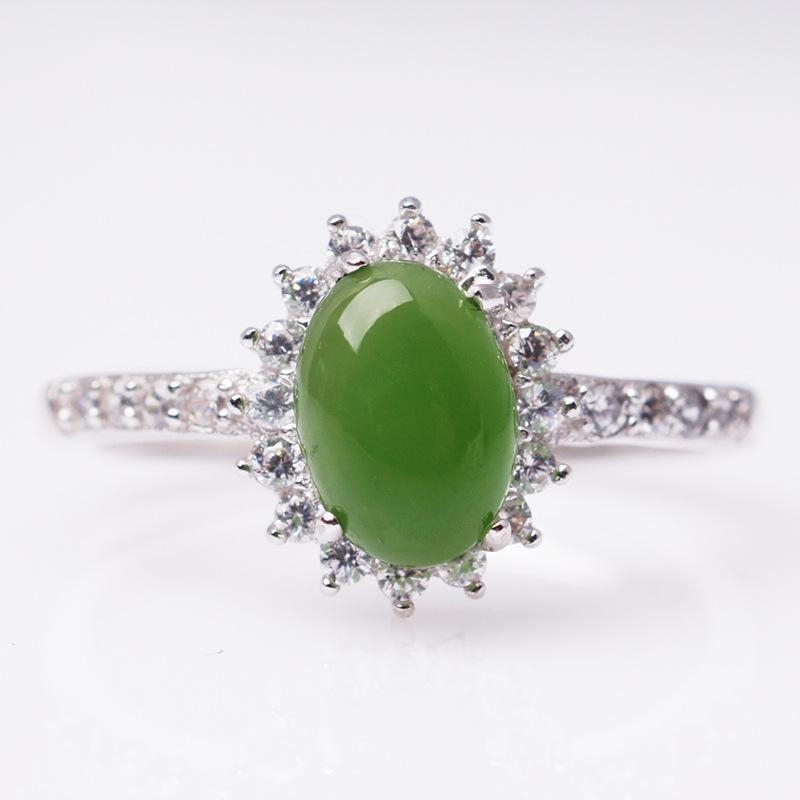Adjustable Women's Ring with 925 Sterling Silver, Green Jasper, Zircon, and Jade Oval Design, with Certificate