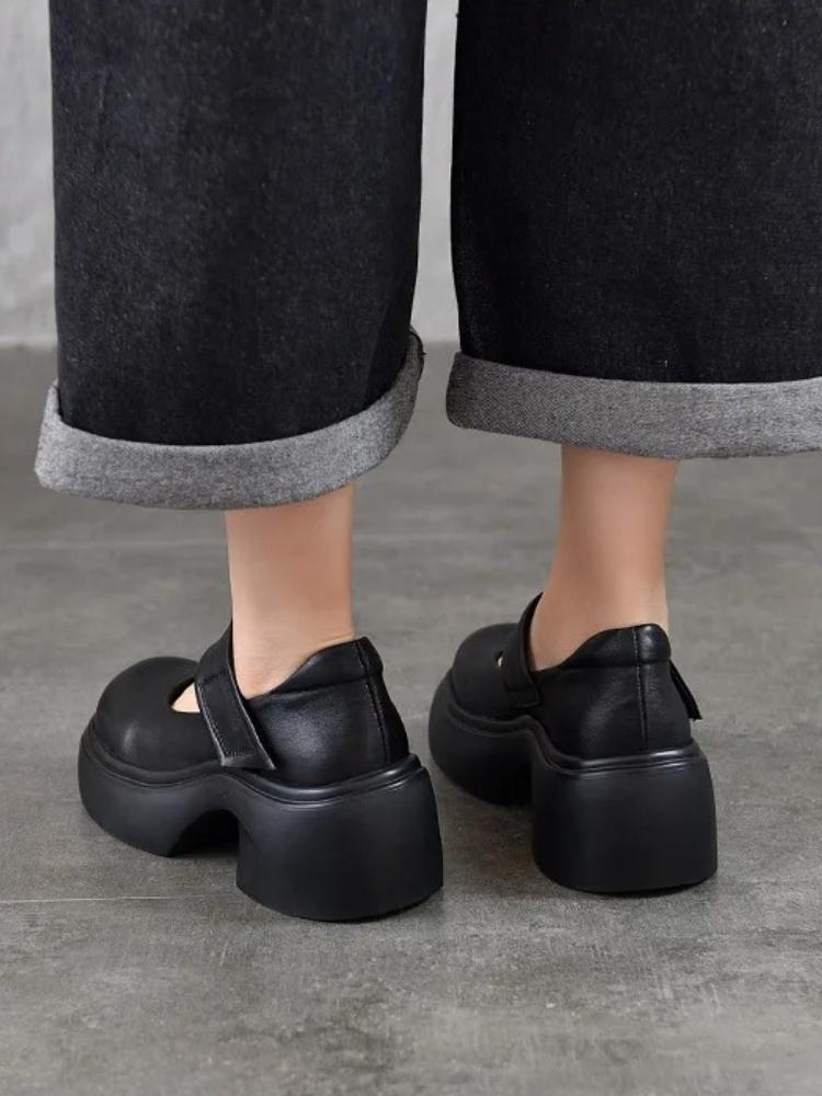 Johnature Thick Soled High Heels Pumps Genuine Leather Round Toe Thick Heel Women's Platform Shoes