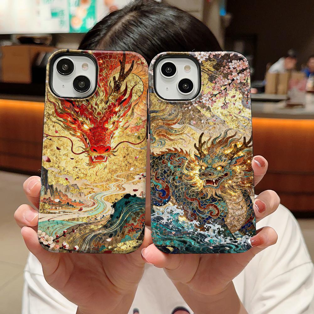 Stylish Golden Dragon Kylin Printed 2 in 1 TPU+PC Phone Case for iPhone 16 15 14 Plus 13 12 11 Pro Max Mini XS Shockproof Cover