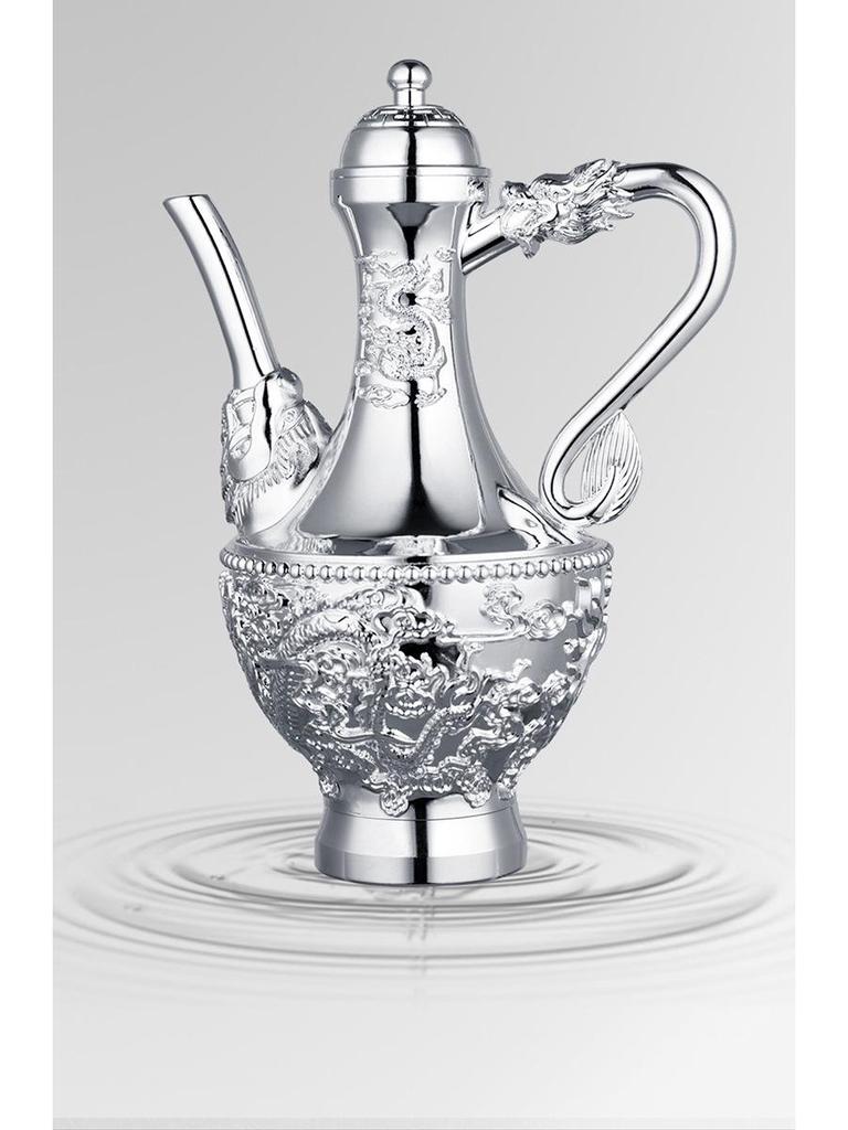 Dragon & Phoenix Wine Set: Silver Pot, Silver-Plated & Gold-Plated Cups, Five-Piece Set in Leather Box.