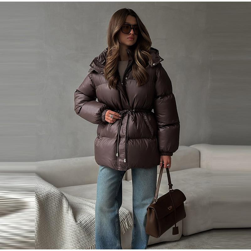Solid Zipper Drawstring Puffer Jacket Quilted Water Resistant Loose Winter Warm Women Outerwear Daily Causal Coat