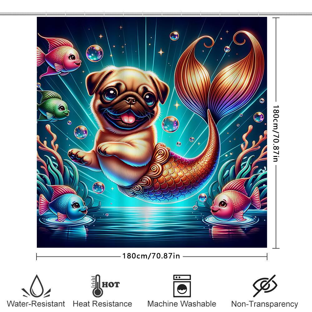 Magical Mer-Pug Shower Curtain Cute Cartoon Pug Fish Tail Bath Decor For Kids Bedroom Blue Ocean Bubble Print Home Decoration Sh