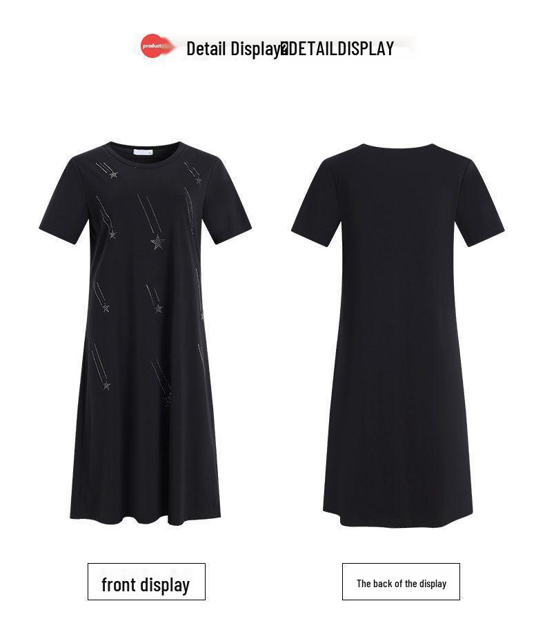 Women's Summer 2026 Plus Size Slimming A-line Black Dress - Mid-Length, Short Sleeve, Casual T-Shirt Style