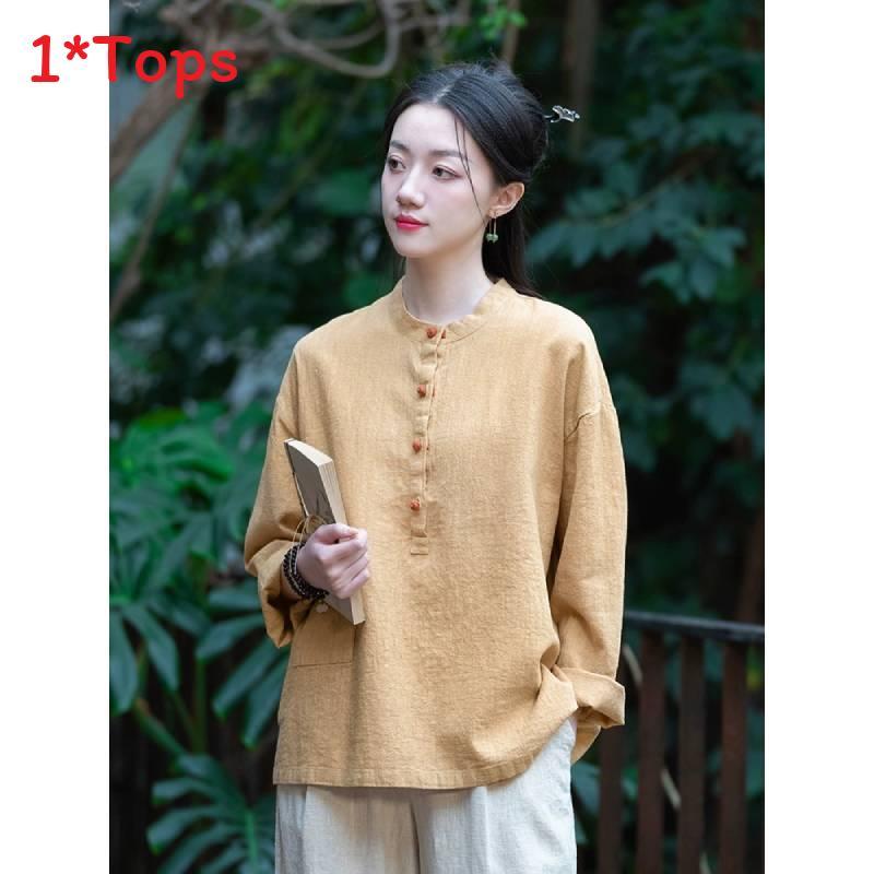 Spring Linen Cotton Womens Shirt With Colorblock Buttons For Vintage Style Casual Wear