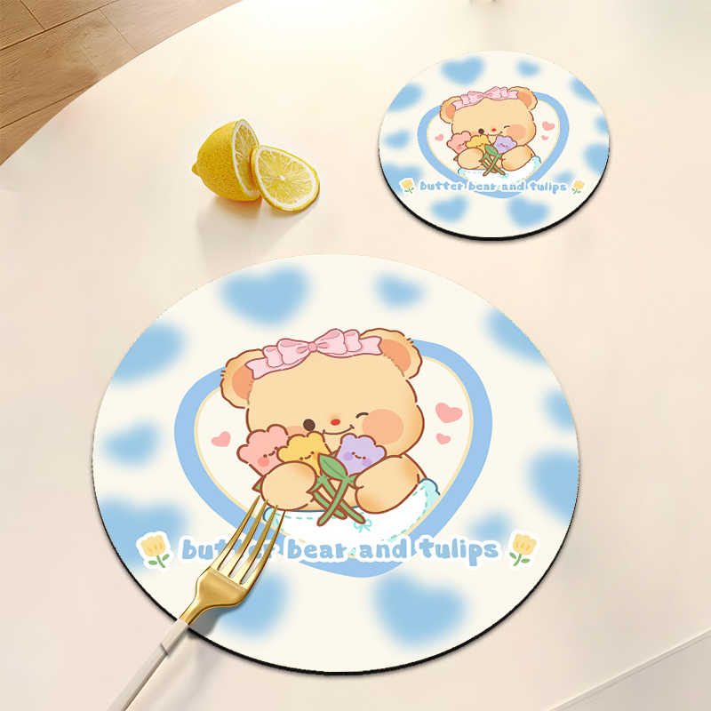 Cute Bear Rubber Coaster Round Heat Insulation Anti Slip Cup Mats Absorbent Reusable Pad Kitchen Items Accessories Decoration