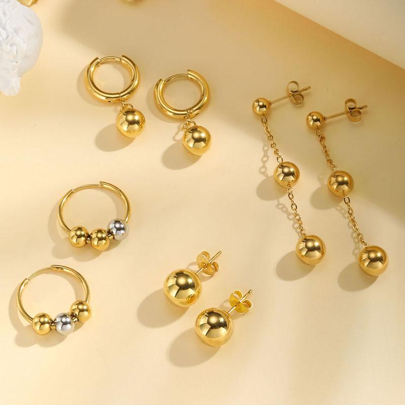 Bead Ball Earrings, Stainless Steel Women Earring Gold Plated, Beaded Hoops Huggie Jewelry