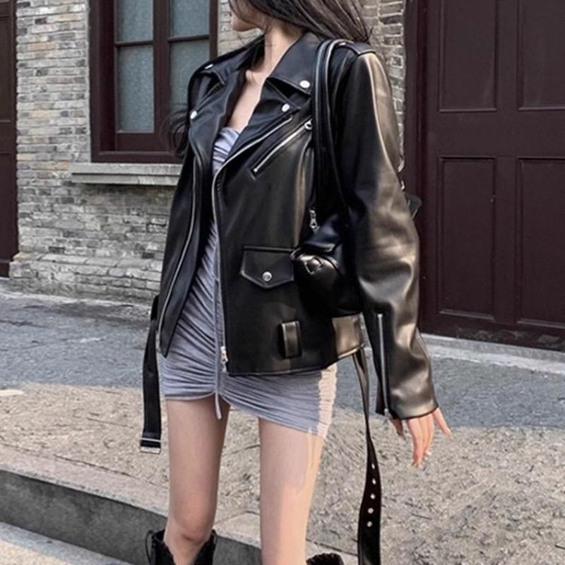 Black Suit Collar, Leather Jacket, Women's Niche Design Sense, Wear Ruffian Handsome Motorcycle Jacket, Trendy Top