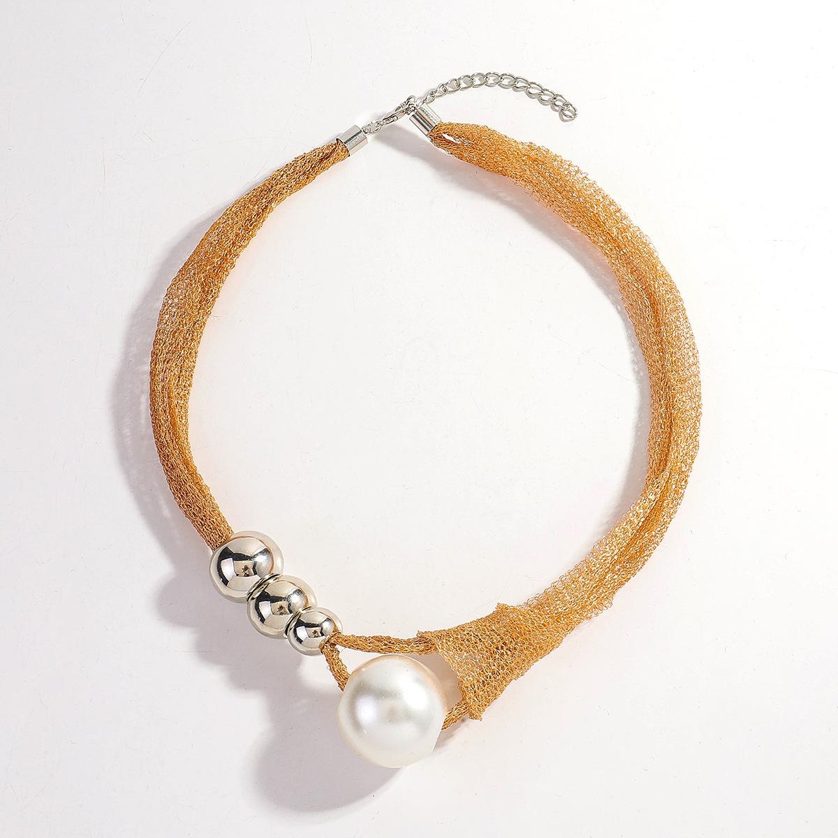 Винтажное сетчатое колье с имитацией жемчуга, элегантный темперамент, французская шариковая цепочка на шею, ручная работа, золотая бусина, колье золотой