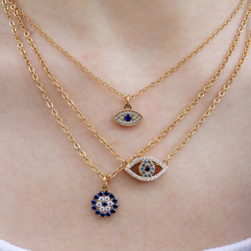 Tide Street Hip Hop Light Blue Horse Eye Lucky Eye Pendant Stainless Steel Necklace