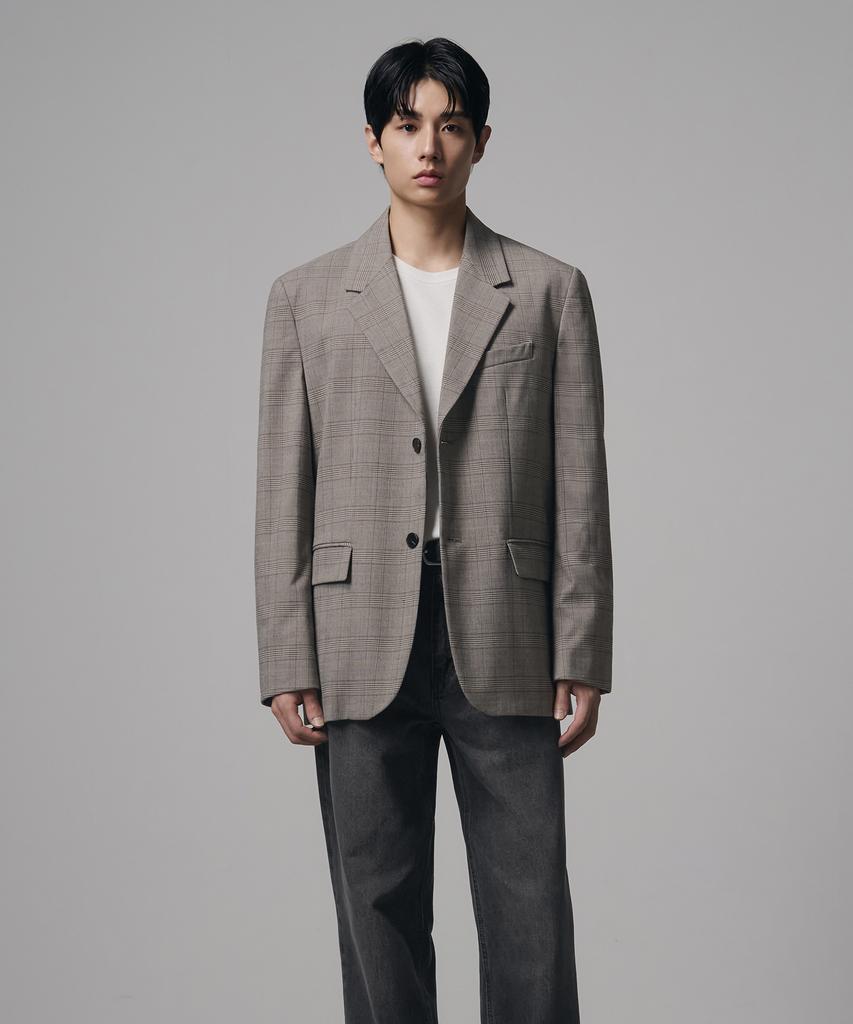 Draw Fit Oversized Minimal Check Blazer [Beige]
