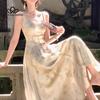 Rochie sling fără mâneci, în stil francez, retro, elegantă, rochie de vară, nouă, pentru femei, cu imprimeu din satin, slim-fit, cu design de nișă