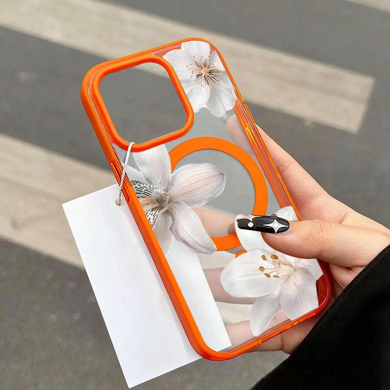 

White Lily For Magsafe Wireless Charging Clear Phone Case For iPhone 17 Pro Max 16 Plus 15 14 13 12 11 16E 17E 17 Magnetic Cover iPhone 14 Plus помаранчевий
