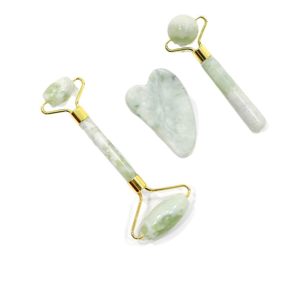 Jade Roller & Gua Sha Beauty Set - Double Roller Massager with Small Cow Horn & Large Ball Massage Tools.